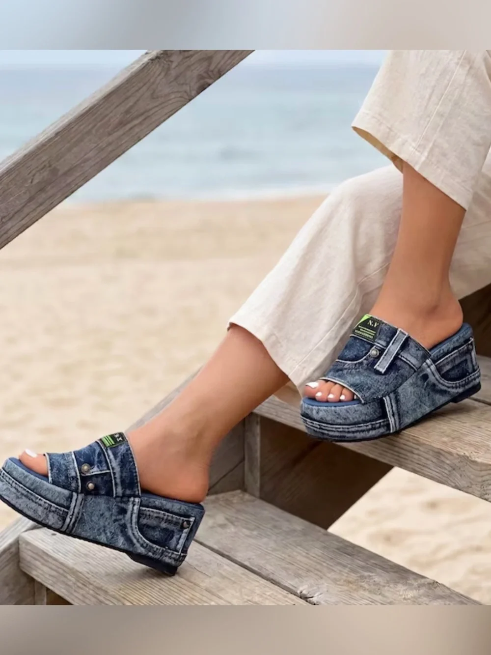 Meisile denim slide sandals w/ jeansinspired upper design with 